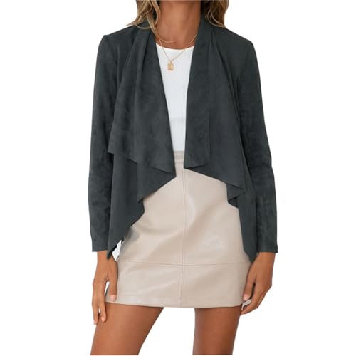 Womens Faux Suede Cropped Jacket Lightweight Cardigan Lapel Draped Loose Blazer Long Sleeve Open Front Outwear