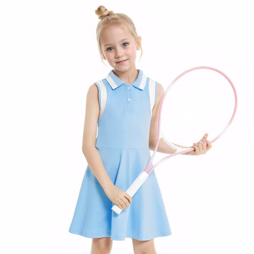 Gogokids Girls Tennis Dress Sleeveless Quick Dry Athletic Polo Dress for Golf Activewear Sports Outfit, Blue, 8-9 Years, 130