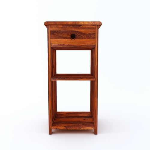 Image of Sheesham Wood Bedside Table with One Drawer and 2 Shelf Storage for Bedroom Living Room Office Solid Wood Table Furniture Nightstand, End Table, Sofa Side Table (Honey Finish)