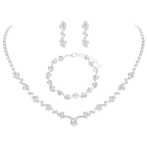 AOWVUTS Parure de Bijoux de Mariée pour Mariage Strass Mariée Collier Cristal Boucles D'oreilles et Bracele Ensemble Mariage Fiançailles Mariée Demoiselle...