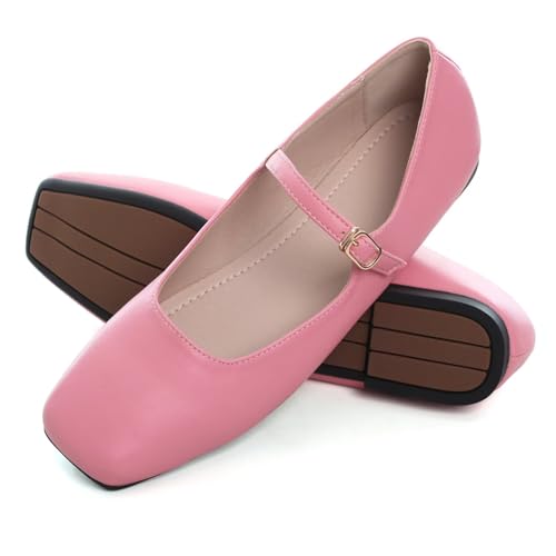 Stunner Women's Mary Jane Flats Fashion Square Toe Soft Ballet Flats Comfort Leather Office Driving Flat Shoes Pink 42(9.5)4