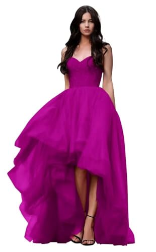 Women's Puffy A-Line High-Low Prom Ball Gown Wedding Dress for Bride, Strapless Tulle Quinceanera Dress for Sweet 16