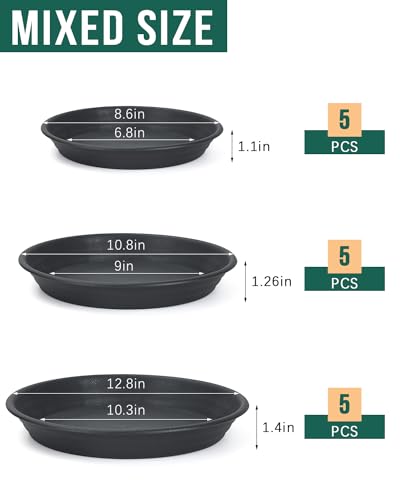 Lzerking Plant Saucer 15-Pack 8 10 12 Inch Black Plastic Plant Tray for Indoors Pots,Potted Plants,Water Catcher