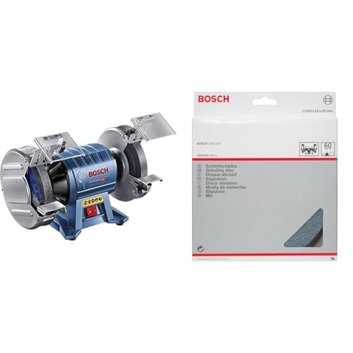 Bosch Professional Touret à Meuler GBG 60-20 (600 W, Ø de la meule : 200 mm, Largeurs des meules : 25 mm) 060127A400 Bleu + Bosch Accessories Meule pour Touret à Meuler, 60 Grain, 32mm Alésage
