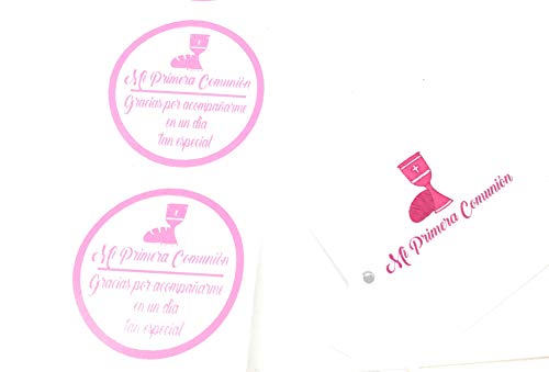 50 Etiquetas rosas adhesivas + 50 Tarjetas para detalle de Primera Comunión
