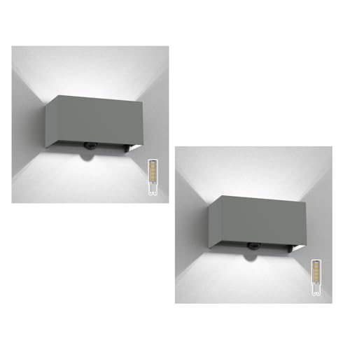 ledscom.de 2 x Aplique CUBEL, sensor crepuscular, detector de movimiento para exteriores, IP65, luz ascendente/descendente, antracita, rectangular, incl. 2 lámparas LED, 4,4 W c/u, 596 lm, blanco
