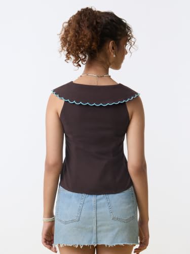 Image of The Souled Store Bunny Women and Girls Sleeveless V Neck Brown Embroidered Cotton Slim Fit Lightweight Breathable All-Season Casual Tops