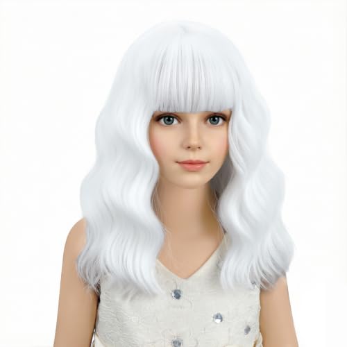 Image of PATTNIUM White Wig Kids Child Short Curly White White for White with Bangs Synthetic Hair Girls (White)