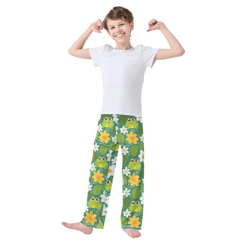 Cute Frog Flower Head with Leaf Background Pajamas Bottoms with Pockets Comfy Pjs Sleepwear Elastic Waistband Pajamas Pants Lounge Pants for 6-14 Years2