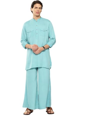 Image of See Designs Men's Long Sleeve Curved Hem Mandarin Collar Rayon Solid Pathani Sets