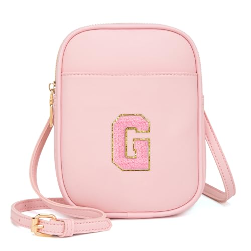 Toddler Purse Initial Crossbody Bags for Girls 3 Pockets PU Leather Cross Body Bag Crossbody Purse Handbag Personalized Preppy Teen Girl Gifts Trendy Stuff (Light Pink G)