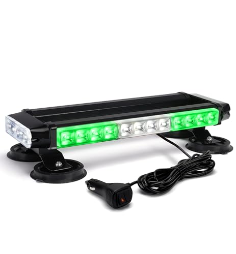 Xprite White Green Rooftop Emergency Strobe Light Bar, Beacon Safety Flashing Warnin Lights w/Magnetic Base for Construction Trucks Plows Postal Security Cars