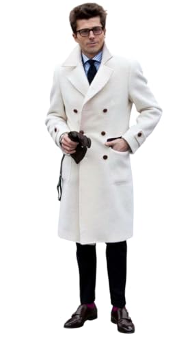 Men's Trench Coat White Double Breasted Long Winter Evening Overcoat Dinner Jacket