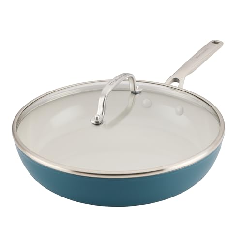 KitchenAid Hard Anodized Ceramic Induction Nonstick Cookware Frying Pan/Skillet with Lid, Dishwasher Safe, 12.25 Inch Non Stick Fry Pan with Stainless Steel Handle - Agave Blue