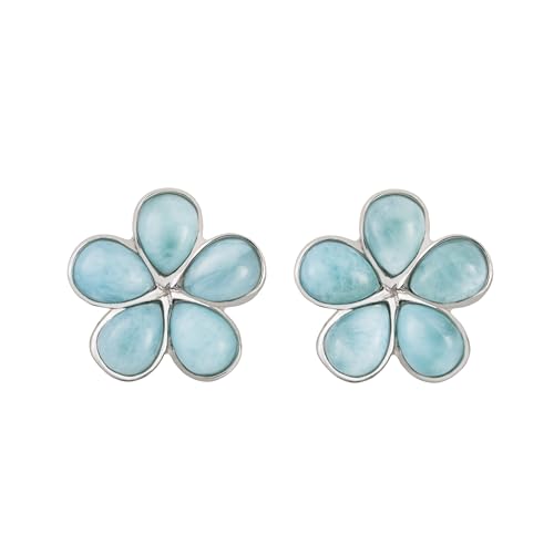 925 Sterling Silver Natural Larimar Gemstone Plumeria Flower Dangle Hook Earrings, Nickle Free Hypoallergenic for Sensitive Skin, Gift Box Included (Small, Larimar Rounded Petals - Stud)