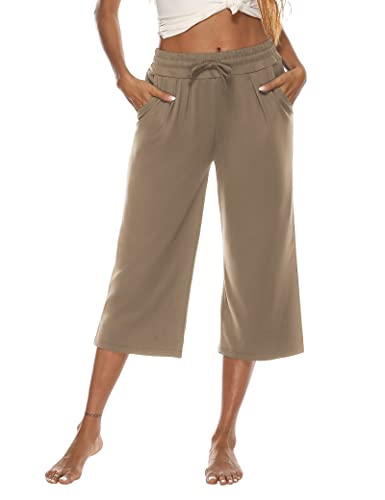 Dibaolong Womens Capri Pants Wide Leg Crop Pants Loose Comfy Drawstring Lounge Pajama Yoga Capris For Women With Pockets Khaki 2Xl #TOP2