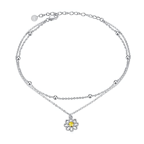 Image of POPLYKE 925 Sterling Silver Double Layered Chain Evil Eye Daisy Sunflower Butterfly Anklets for Women Holiday Beach Crystal Ankle Bracelet Dainty Evil Eye Jewelry