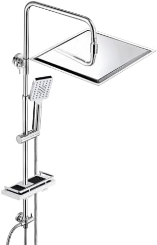 JOHO Edelstahl Duschsystem mit Regendusche ohne Armatur, 30x30 cm Chrom | Regenduschset mit Höhenverstellbare Duschstange 74–114 cm, 3 Strahlarten Handbrause, XXL Duschablage ohne