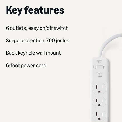 Image of Amazon Basics Surge Protector Power Strip, 6-Outlet, 790 Joules, 6ft Extension Cord, Safety Shutters, White (Pack of 2)