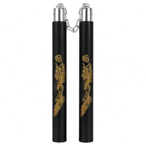 Image of Dragon Design Foam Training Nunchaku with Metal Chain | Martial Arts Practice Nunchucks | Lightweight Training Stick | Black