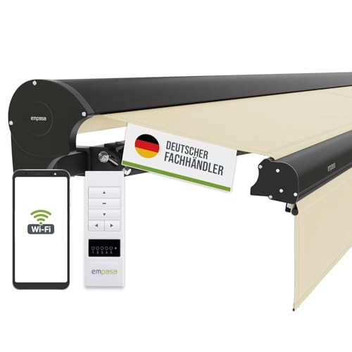 empasa elektrische Kassettenmarkise Expert Plus Markise mit WiFi-Motor Smart Home kompatibel, Terrassenüberdachung mit Volant, komplett vormontiert, Größe:3 x 2.5 m, Stofffarbe:Elfenbein