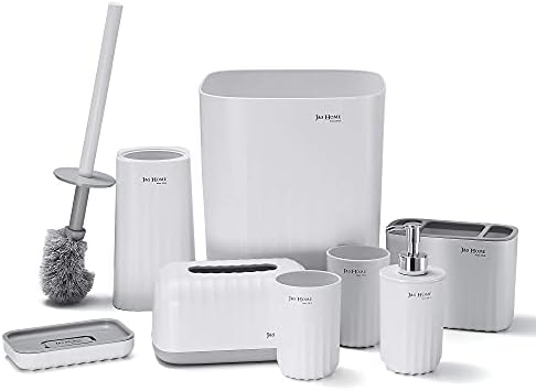 DUFU Bathroom Accessory Set 8pcs Polypropylene Bathroom Sink Organiser Kit Toilet Brush Soap Dish Soap Dispenser Toothbrush Holder Tissue Box Trash Can 2 Tumblers White