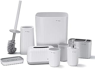 DUFU Bathroom Accessory Set 8pcs Polypropylene Bathroom Sink Organiser Kit Toilet Brush Soap Dish Soap Dispenser Toothbrush Holder Tissue Box Trash Can 2 Tumblers White