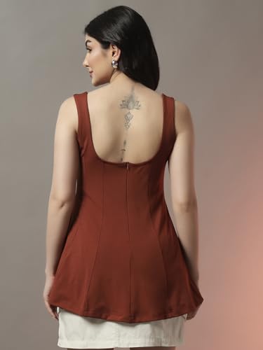 Image of Trend Arrest.ed Women's Polyester Sculpt Flare Top | Stretchable Sleeveless Fit & Flare Blouse with Scoop Back