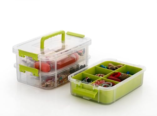 Image of plastic boxes for Storage transparent boxes for storage, Portable & Stackable Space Saving Organiser with Lid for Medicine, Jewelry, Arts & Crafts, Buttons, Beads (Green, 2 TIER WITH 1 TRAY)