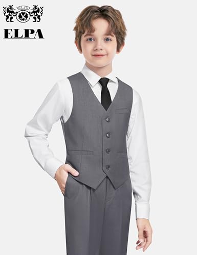 Image of Boys Suit Vest Set 4 Pieces Slim Fit Kids Dark Gray Formal Vest and Pants Set for Wedding Ring Bearer, Easter, First Communion, Confirmation, Graduation Teen Boys Size 14