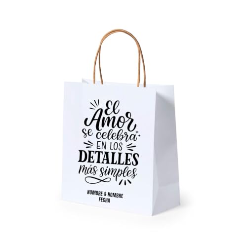 Lote de 50 Bolsas para Bodas Personalizadas con frases, nombre novios y fecha del evento - Bolsas Papel Kraft en color Blanco - Tamaño 22x23x9cm (MODELO 1)
