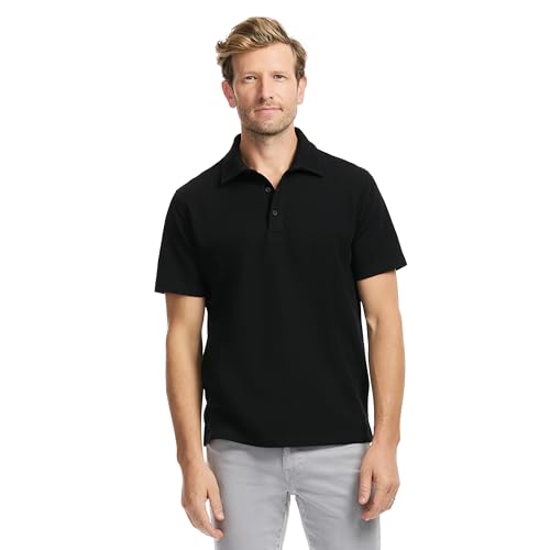 SAKS Fifth Avenue Men's Short Sleeve Textured Pique Polo, Premium Cotton Blend Knit Top, Classic-Fit & Richly Detailed, Black, XXL