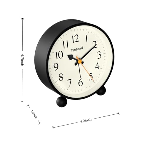 Image of Tinload 4.5 inch Vintage Retro Analog Alarm Clock, Super Silent Non Ticking Small Clock with Manual Light, Snooze, Battery Operated, for Living Room, Bedroom, Bedside, Desk(Black)