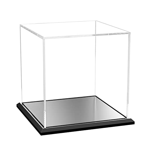 NIUBEE Acrylic Display Case, 6 inch Clear Box Cube Organizer Stand Riser with Black Base, Countertop Square Box with Lip, Showcase for Collections Action Figures Toys