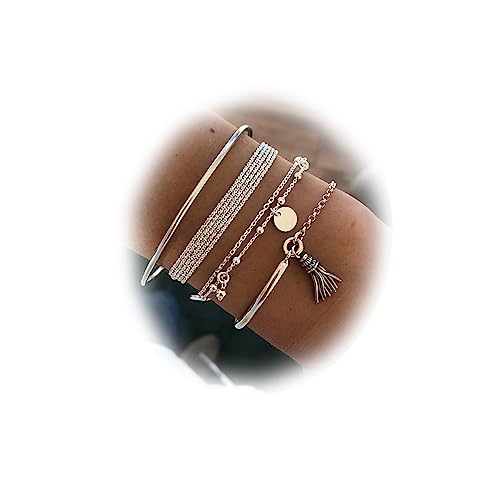 TseenYi Conjunto de pulsera de plata Boho en capas brazalete colgante de borla pulsera apilada abierta pulsera de moda joyería para mujeres y niñas regalo de Navidad 4 piezas