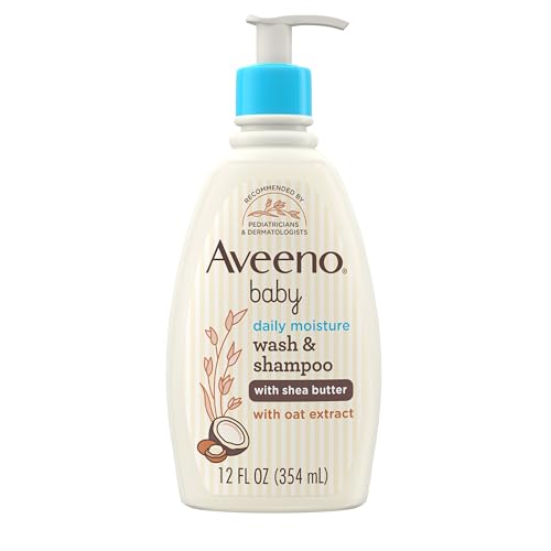 Aveeno Baby Daily Moisturizing 2-in-1 Wash & Shampoo, Baby Body Wash & Shampoo with Shea Butter & Oat Extract Gently Cleanses Baby’s Sensitive Skin & Scalp, Gentle Coconut Scent, 12 fl. oz