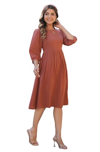 Image of Janasya Women's Rust Orange Pure Cotton Solid Fit & Flare Dress