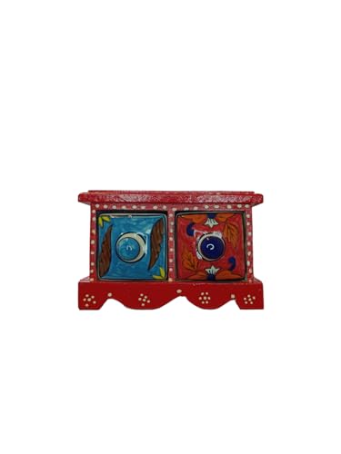 Especiero Indio decorativo de color rojo hecho de Madera y Cerámica de 2 cajones.
