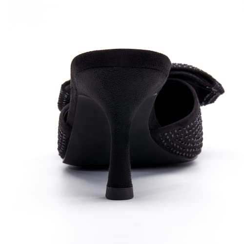 Coutgo Womens Rhinestone Bow Heeled Mules Pointed Toe Low Kitten Heel Dress Pumps Sandals Bridal Party Wedding Shoes Black #TOP3