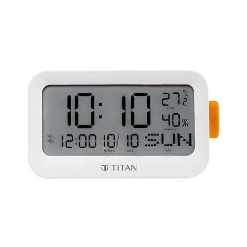 Image of Titan Digital Alarm Clock with LCD Display, Day Date Month Temperature & Humidity, Model T0006PD01 | 14 cm x 7.8 cm x 6 cm