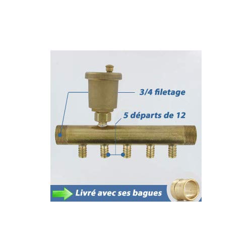 - Collecteurs chauffage tubes PER - Collecteur à glissement 3/4" Mâle-Mâle Purgeur auto 5 départs 12