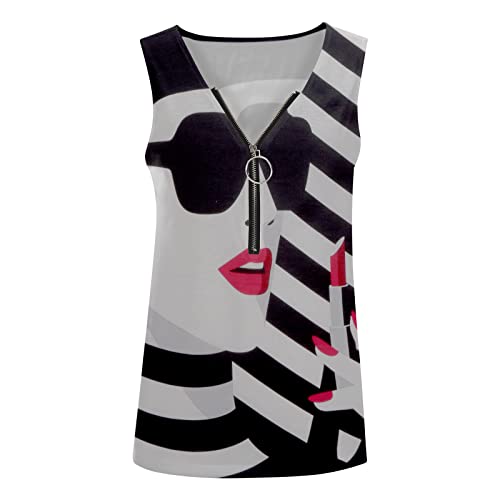 Ruziyoog Casual Tank Tops For Women Fashion Retro Abstract Face Print Vest Shirts Zipper V Neck Sleeveless Yoga Workout Tunic #TOP2