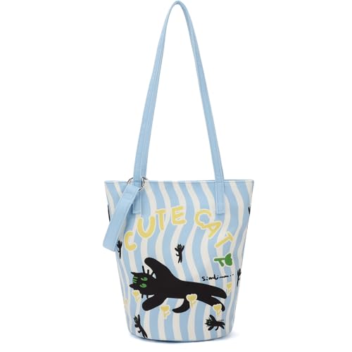 Image of Shoulder Bag for Women, Cotton Canvas Bucket Bags Tote Purse Cute Crossbody Bag Designer Ladies Handbags