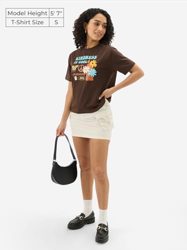 Image of The Souled Store Originals: Kindness is Cool Women and Girls Short Sleeve Round Neck Brown Graphic Printed Regular Fit Cotton T-Shirts