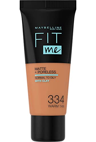 Maybelline New York, Base de Maquillaje que Calca a tu Tono Fit me! Mate y Afinaporos, Color: 334 Warm Tan