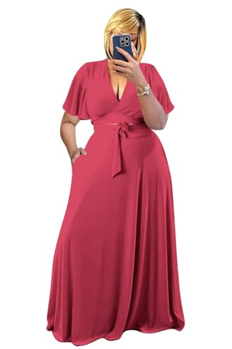 Image of Plus Size Women's 2 Piece Outfits Casual Short Ruffle Sleeve Wrap Crop Top Maxi Long Dress Flowy Matching Sets
