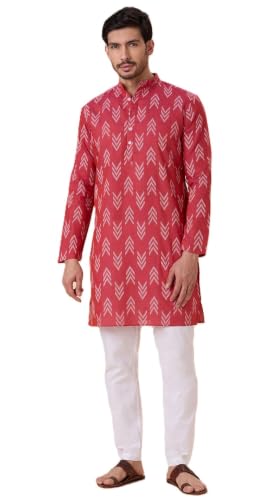 Image of Studio Shringaar Men's Cotton Blend Relaxed Fit Ikat Printed Knee Length Kurta