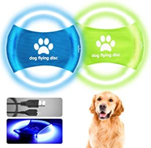 Dog Flying Ring Toys - Glow in The Dark Frisbee Fetch Toy, Interactive Dog Toy for Training Fetch, Tug of War - Safe on Teeth, Multiple Colors Available (2 Pack, Red)