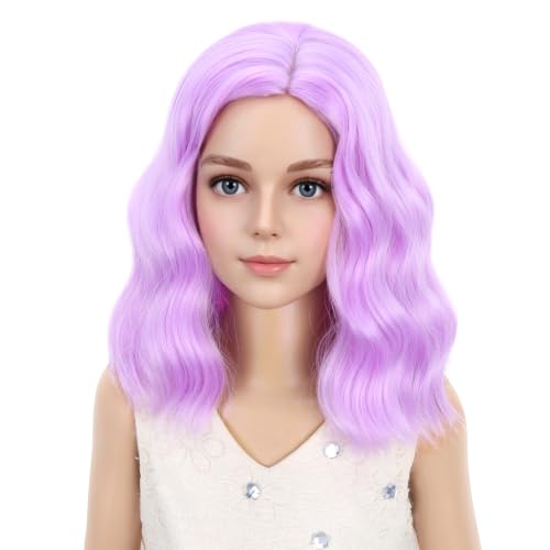 Image of PATTNIUM Kids Short Purple Pink Wig Girls Lavender Purple Curly Wavy Wig Short Synthetic Hair Wigs