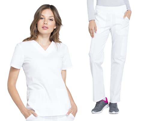 Cherokee Women Scrub Set Modern Fit 3 Pocket V-Neck Top WW665 with 6 Pocket Mid Rise Straight Leg Pants WW170